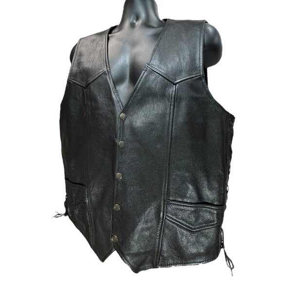 CLASSIC LEATHER Black Vest Men 46/XL-XXL Button VNeck Side Laces Western Cowboy - Picture 3 of 12